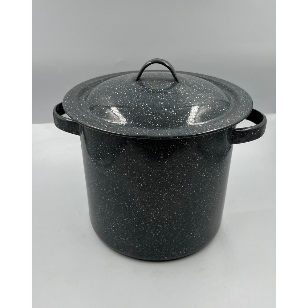 Vintage EnamelWare Black Speckled‎ White Medium Stock Soup Pot W Lid